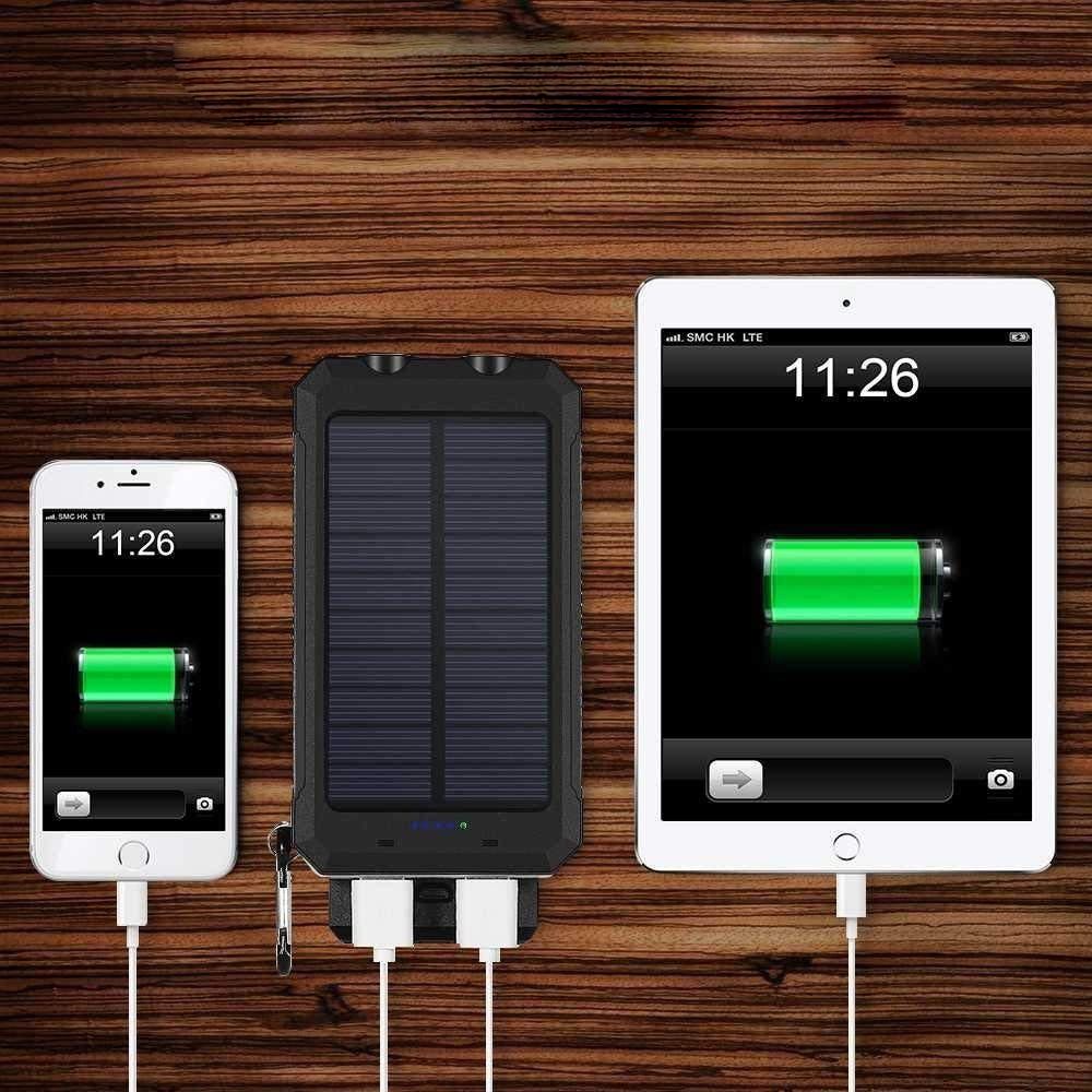 13000mAh Solar Powered Power Bank - Dual USB Output & Flashlight - Black